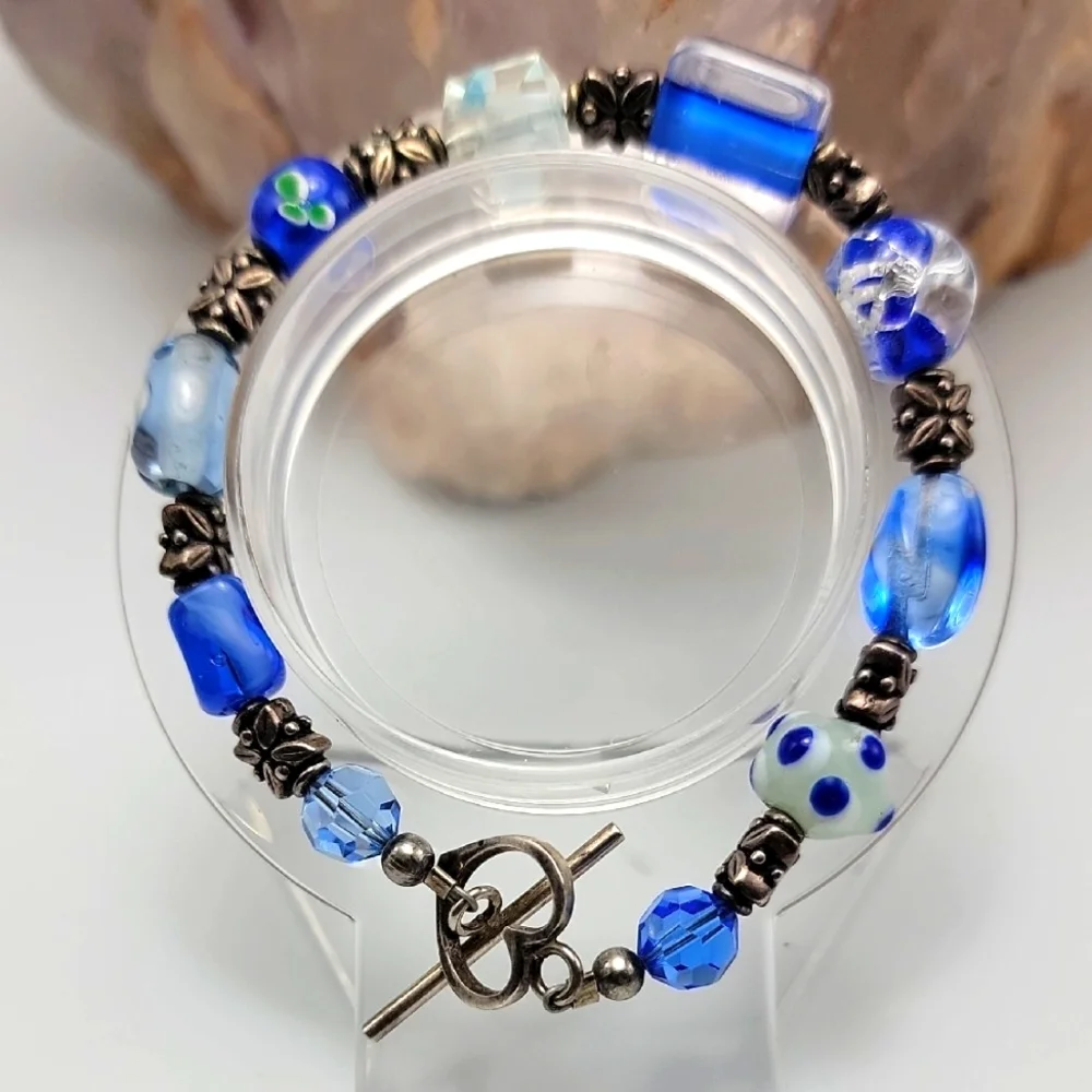 Elegant Deep Blue Art Wedding Cake Glass Crystal Beaded Silver Tone Bracelet